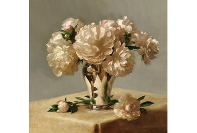 Sarah Lamb, "Peonies in Silver," Oil on linen, 23 x 24 in