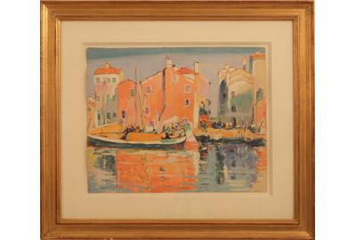 JANE PETERSON (AMERICAN 1876 – 1965) DUTCH PORT Gouache on paper, 15 x 18.5 inches/Signed lower left