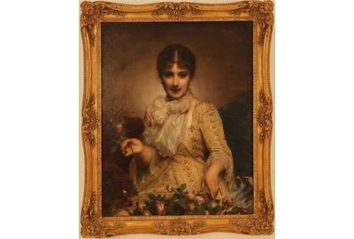  Etienne-Adolphe Piot (French 1850 – 1910) ( aka Adolphe Piot ): Young Woman with Roses - Oil on canvas, 31.75 x 25 inches/Signed middle left