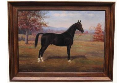 Essie Leone Seavey Lucas (American 1872 – 1932) ( aka E.  Leone Seavey ) Portrait of a Racehorse - Oil on canvas, 22 x 30 inches / Signed lower left