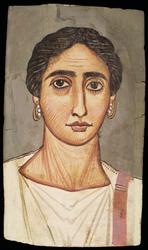 Portrait of a woman, Egypt, probably from Philadelphia (near er-Rubayat), second half 2nd century CE.  Support: native Egyptian sycamore fig (Ficus sycomorus), willow wood (Salix species); binder: animal glue; pigments: bassanite, anhydrite, alunite, red and yellow ochres, bone black, carbon black, madder lake, red lead.  Harvard Art Museums/Arthur M.  Sackler Museum, Gift of Mrs.  John D.  Rockefeller, Jr., 1939.111.