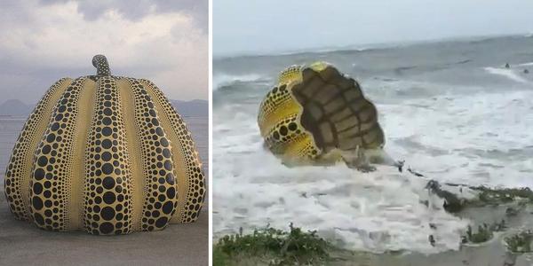 Yayoi Kusama's Yellow Pumpkin.  Images: BENNESE ART SITE, TWITTER/@PPDISUNDIA