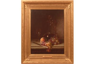 Carducius Plantagenet Ream (1837 – 1917) ( aka Carducius Ream ): Still-life with Fruit and Decanter - Oil on canvas, 19.5 x 14.5 inches / Signed lower right 