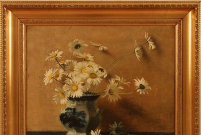 MARY AUGUSTA HIESTER REID (AMERICAN/CANADIAN 1854–1921) DAISIES IN ORIENTAL VASE: Oil on canvas, 15.5 x 17.5 inches/Signed lower left