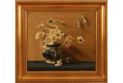 MARY AUGUSTA HIESTER REID (AMERICAN/CANADIAN 1854–1921) DAISIES IN ORIENTAL VASE: Oil on canvas, 15.5 x 17.5 inches/Signed lower left