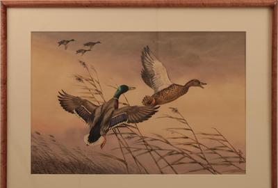 BORIS RIAB (1898 - 1975) DUCKS IN FLIGHT Watercolor, 13 x 19.75 inches/Signed lower right