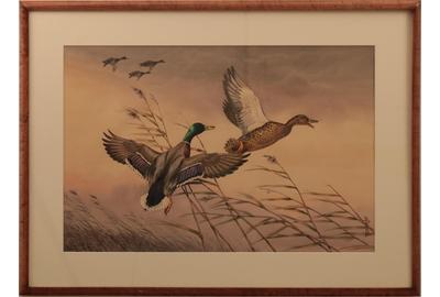 BORIS RIAB (1898 - 1975) DUCKS IN FLIGHT Watercolor, 13 x 19.75 inches/Signed lower right