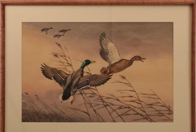 Boris Riab (1898 - 1975) Ducks in Flight: Watercolor, 13 x 19.75 inches/Signed lower right