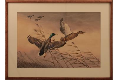 Boris Riab (1898 - 1975) Ducks in Flight: Watercolor, 13 x 19.75 inches/Signed lower right