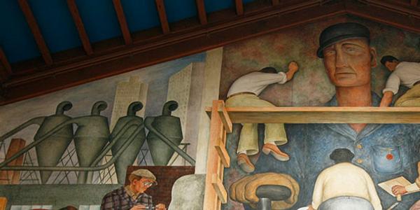 Detail (top), "The Making of a Fresco Showing the Building of a City," a 1931 mural by Diego Rivera at SFAI.