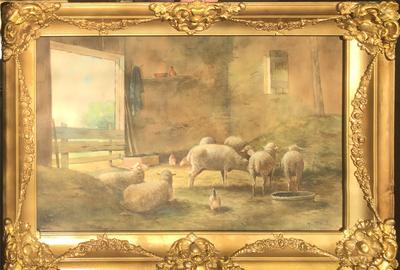 REUBEN LEGRANDE JOHNSTON (1850 – 1915) Sheep in the Barn Watercolor, 13.5 x 21.5 inches / Signed lower right