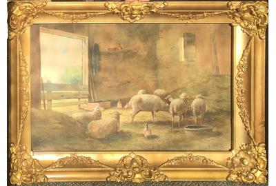 REUBEN LEGRANDE JOHNSTON (1850 – 1915) Sheep in the Barn Watercolor, 13.5 x 21.5 inches / Signed lower right