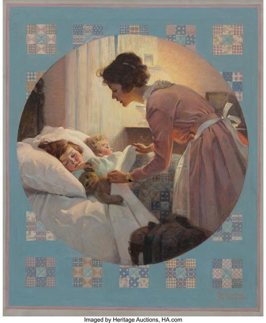 May sale: Norman Rockwell’s Mother Tucking Children into Bed (Mother's Little Angels) Literary Digest cover, January 29, 1921 (estimate: $1,800,000-2,400,000).