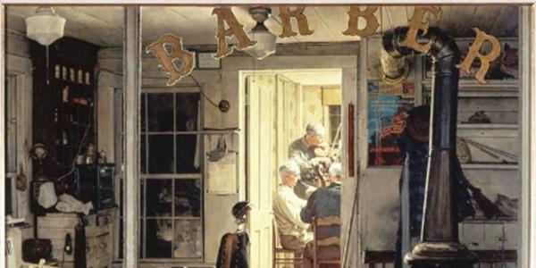 Norman Rockwell (1894-1978), Shuffleton’s Barbershop, 1950.  Oil on canvas, 33 x 31 in.  Cover illustration for The Saturday Evening Post, April 29, 1950.  Collection of Lucas Museum of Narrative Art.  ©SEPS: Licensed by Curtis Licensing, Indianapolis, IN