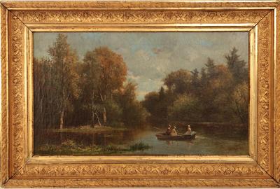 Frederic Rondel, Sr (American 1826 - 1892): Three Ladies Boating on the Hudson - Oil on canvas, 12.75 x 22.5 inches/Signed lower right 