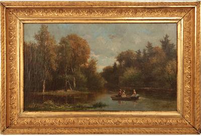 Frederic Rondel, Sr (American 1826 - 1892): Three Ladies Boating on the Hudson - Oil on canvas, 12.75 x 22.5 inches/Signed lower right 