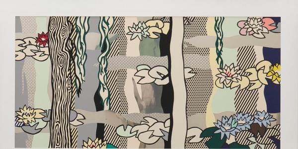 Roy Lichtenstein, Water Lilies with Willows, 1992.  Screen print enamel on stainless steel, 58 x 104 in.  Collection Pérez Art Museum Miami, gift from the Collection of Mary M.  and Sash A.  Spencer.  © Estate of Roy Lichtenstein