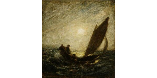 Albert Pinkham Ryder.  With Sloping Mast and Dipping Prow, ca.  1880-1885.  Oil on canvas mounted on fiberboard.  Smithsonian American Art Museum, Gift of John Gellatly, 1929.6.102.