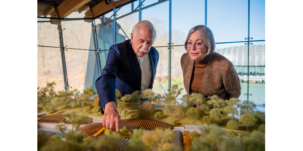 Moshe Safdie, Founder Safdie Architects, and Alice Walton, Crystal Bridges Founder and Board chairperson, in the Great Hall at Crystal Bridges Museum of American Art in Bentonville, Arkansas.  Photos by Stephen Ironside.