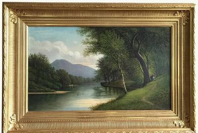 William Coventry Wall (American 1810 – 1886): Strolling along the River - Oil on canvas, 14 x 24 inches / Signed lower right