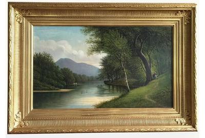 William Coventry Wall (American 1810 – 1886): Strolling along the River - Oil on canvas, 14 x 24 inches / Signed lower right