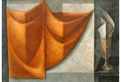 Bentley Schaad, Curtain and Cup, 1950s, oil on canvas, 25 x 36 inches