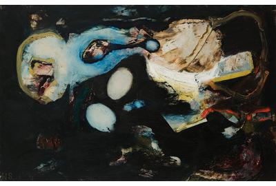 William Scharf 1927-2018 Night Move, 1964 Initialed lower left: "W.S." Titled, dated, and signed veros: "'NIGHT MOVE' 1964 / WILLIAM SCHARF" Oil on paper mounted to board 12 1/2 x 19 1/2 inches