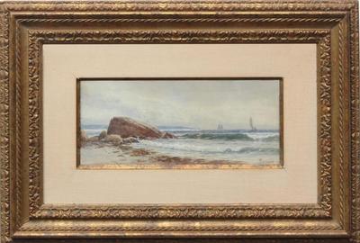 ALFRED THOMPSON BRICHER (AMERICAN, 1837 – 1908) ( aka Alfred Thompson Bricher, ATBricher ) SEASCAPE Watercolor, 5 x 12.25 inches / Signed lower right