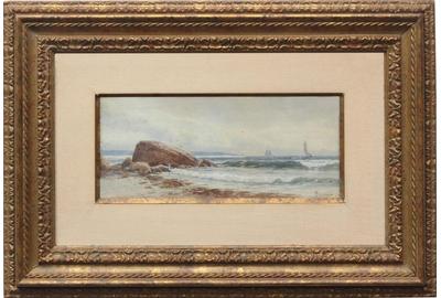 ALFRED THOMPSON BRICHER (AMERICAN, 1837 – 1908) ( aka Alfred Thompson Bricher, ATBricher ) SEASCAPE Watercolor, 5 x 12.25 inches / Signed lower right