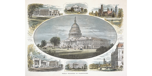 "Public Buildings in Washington," by John Filmer, after William Hamilton Gibson.  "Picturesque America." Steel engraving, hand-colored, 1872.