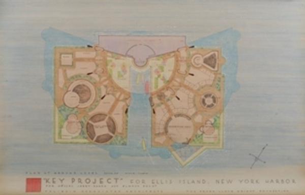 From a complete set of eight architectural renderings depicting Frank Lloyd Wright’s Key Project for Ellis Island, New York (1959).