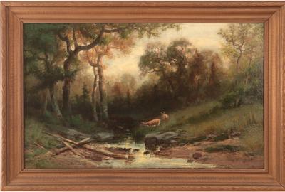 Christopher High Shearer (American 1846 - 1926): Deer at Water's Edge - Oil on board, 21.5 x 35.5 inches/Signed Lower left 