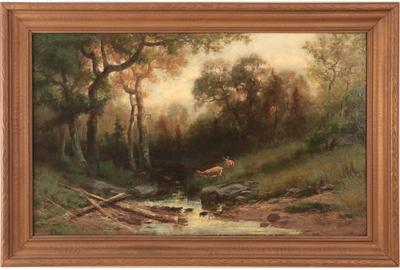 Christopher High Shearer (American 1846 - 1926): Deer at Water's Edge - Oil on board, 21.5 x 35.5 inches/Signed Lower left 