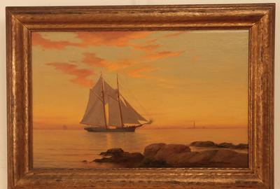 Warren Sheppard (American 1858-1937) Schooner at Daybreak - Oil on canvas, 13.5 x 21.5 inches/Signed lower right