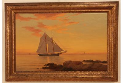 Warren Sheppard (American 1858-1937) Schooner at Daybreak - Oil on canvas, 13.5 x 21.5 inches/Signed lower right