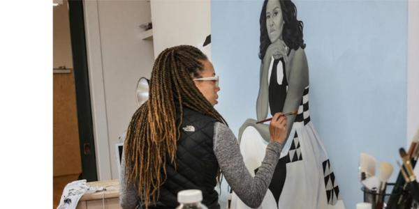 Amy Sherald at work on her portrait of First Lady Michelle Obama, as featured in HBO's "Black Art: In the Absence of Light."