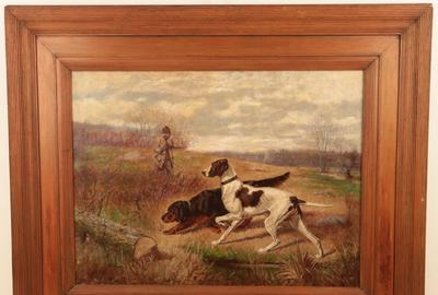 Sidney Brackett (American 1852 - 1910): Hunter with Dogs - Oil on canvas, 21.25 x 28.25 inches/Signed lower left 