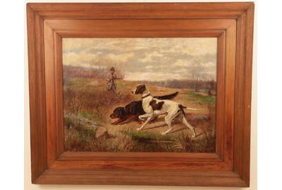 Sidney Brackett (American 1852 - 1910): Hunter with Dogs - Oil on canvas, 21.25 x 28.25 inches/Signed lower left 