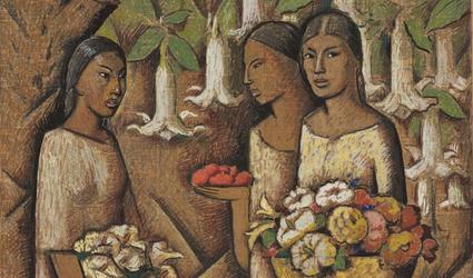 Alfredo Ramos Martínez, "Mujeres con flores (Women with Flowers)" (detail), ca.  1946.  Tempera and Conté crayon on newsprint / Tempera y crayón Conté sobre papel periódico.  SBMA, Gift of the P.D.  McMillan Land Company, 1963.32.1 © The Alfredo Ramos Martínez Research Project.  