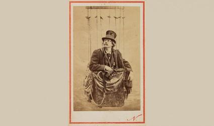 Nadar, "Self Portrait, Posed in a Balloon Basket," 1862.  Albumen print carte-de-visite.  SBMA, Museum purchase, 19th century Art Acquisition Fund.