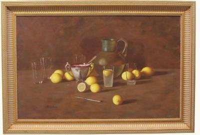 Serena Caswell Lane (American 1858 - unknown) ( aka Serena Caswell Lane ) Still-life with Lemons - Oil on canvas, 23.75 x 37.75 inches / Signed lower left