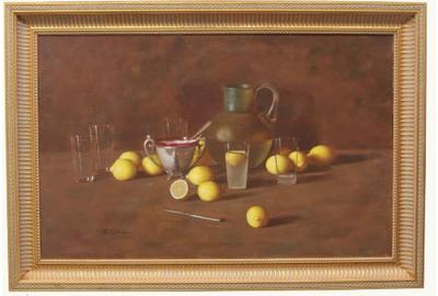 Serena Caswell Lane (American 1858 - unknown) ( aka Serena Caswell Lane ) Still-life with Lemons - Oil on canvas, 23.75 x 37.75 inches / Signed lower left