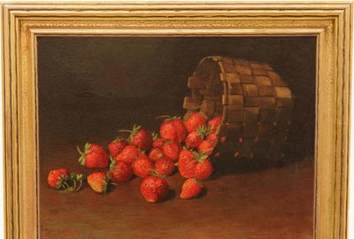 Eugenia Williams Snow (American early 20th Century): Still-life with Strawberries - Oil on board, 11.5 x 15.5 inches / Signed lower left