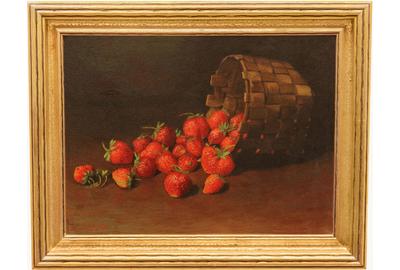 Eugenia Williams Snow (American early 20th Century): Still-life with Strawberries - Oil on board, 11.5 x 15.5 inches / Signed lower left