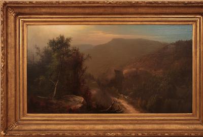 Carl Sommer (1829 – 1894): lone traveler - Oil on canvas, 19.25 x 35.25 inches/Signed lower left