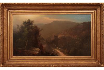 Carl Sommer (1829 – 1894): lone traveler - Oil on canvas, 19.25 x 35.25 inches/Signed lower left