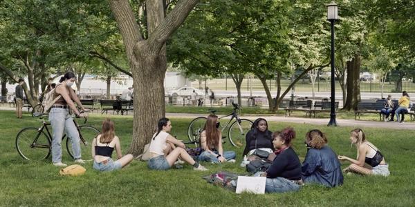 An-My Lê (American, born Vietnam, 1960), High School Students after Black Lives Matter Protest, Lafayette Park, Washington, D.C., 2020, pigmented inkjet print, High Museum of Art, Atlanta, commissioned with funds from the Forward Arts Foundation.  Courtesy of the artist and Marian Goodman Gallery.  © An-My Lê.