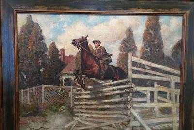 Robert Emmett Owen (American 1878 – 1957) ( aka R.  Emmett Owen ): Steeplechase - Oil on canvas, 24.75 x 34 inches / Signed lower left