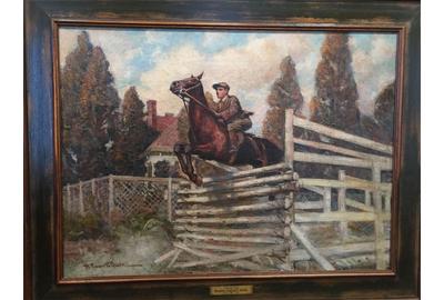 Robert Emmett Owen (American 1878 – 1957) ( aka R.  Emmett Owen ): Steeplechase - Oil on canvas, 24.75 x 34 inches / Signed lower left