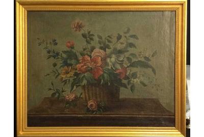 This floral still life on canvas painting, Italian School, circa 1800, depicting tulips, roses and chrysanthemums in a basket, was bought at Sotheby’s in December 1997 from the estate of the late conductor and composer Leonard Bernstein.